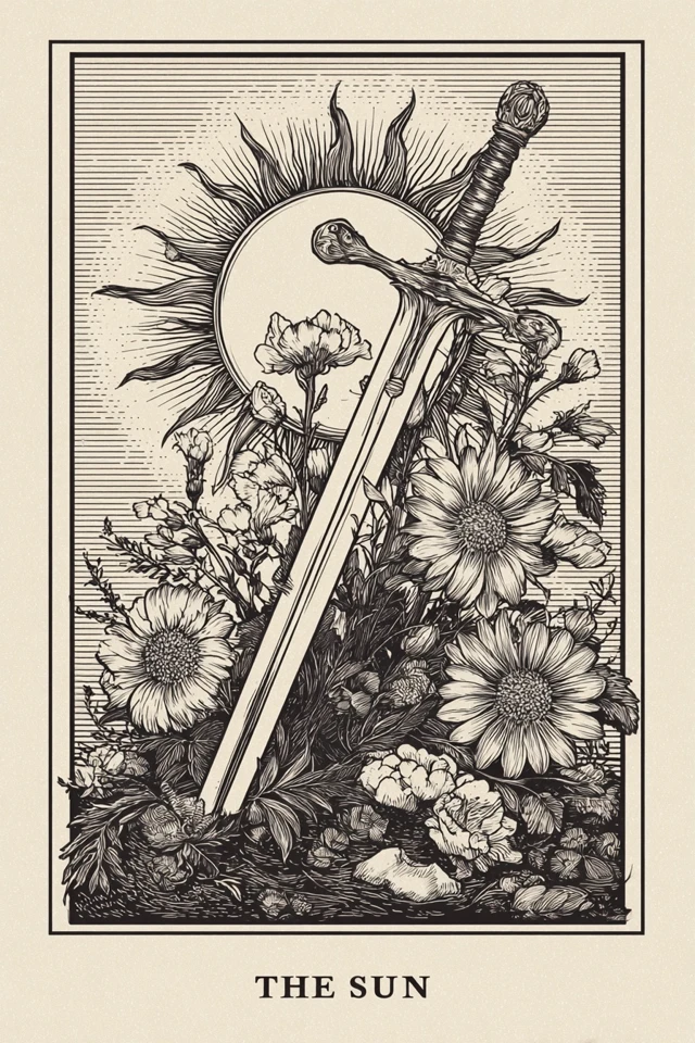 The Sun Tarot Card Illustration Sword Flowers