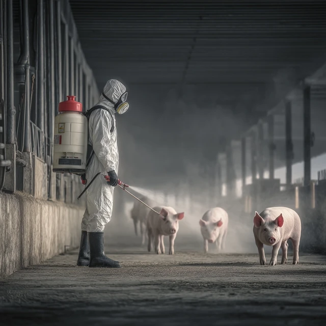 Biosecurity Technician Disinfecting Pig Barn Realistic Photo