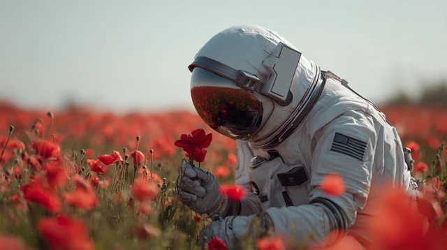 Astronaut in Poppy Field Peaceful Scene