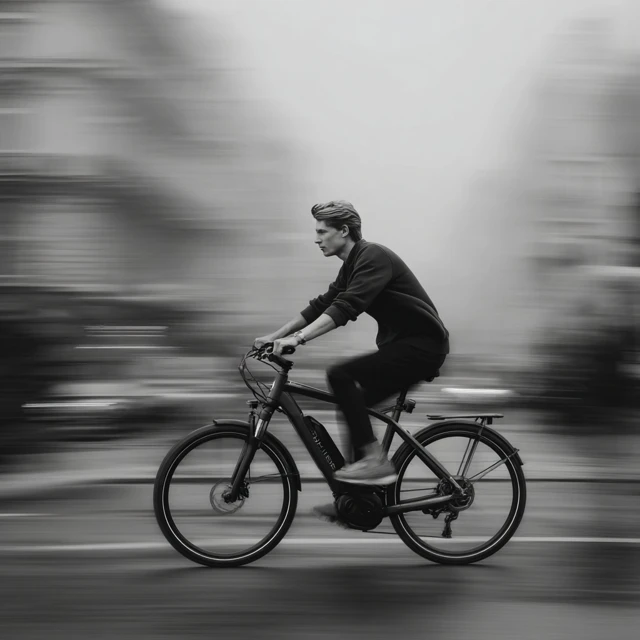 Ebike in the City Young Man Riding Fast Black and White