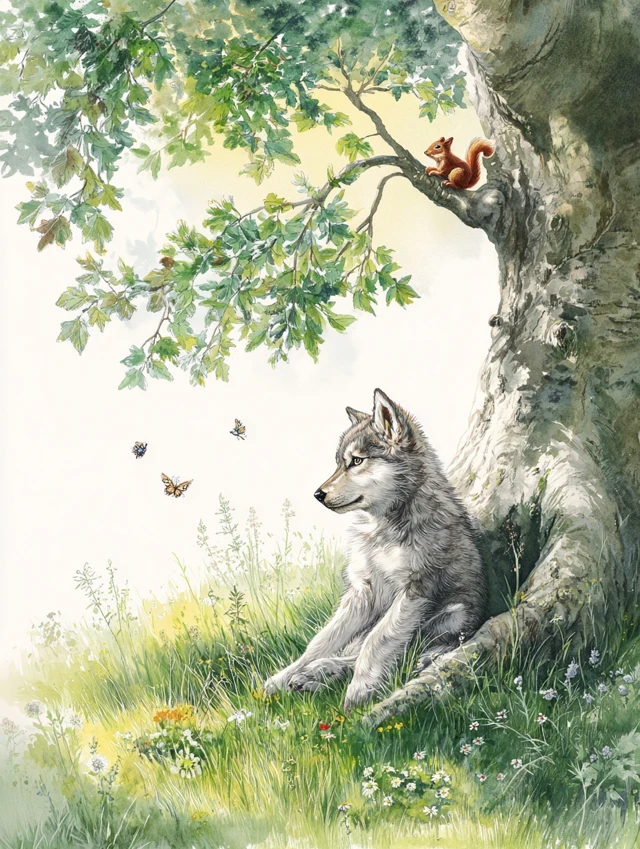 Wolf Pup in a Sunny Meadow Watercolor Illustration