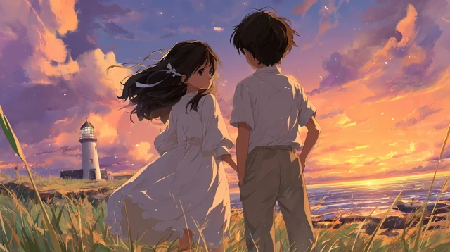 Coastal Sunset Anime Romance Scene