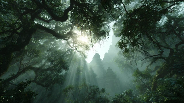 Mystical Jungle Scene Sunlit Rainforest and Ancient Ruins