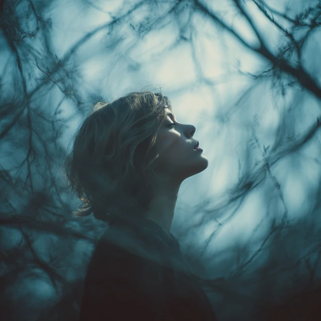 Girl Looking Up Through Trees Feeling Longing