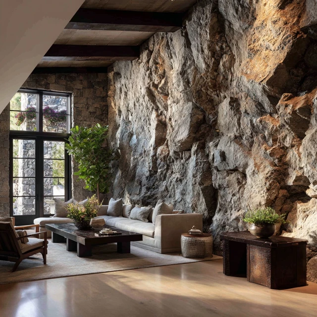 Modern Farmhouse with Natural Cliff Rock Wall