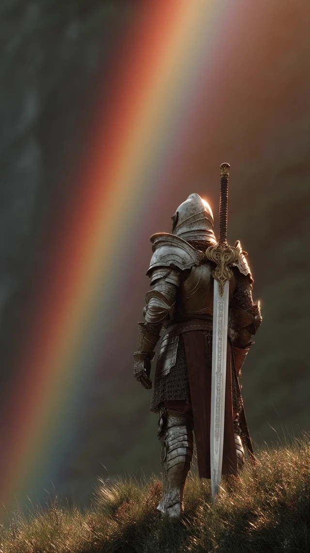 Knight with Rainbow Fantasy Scene