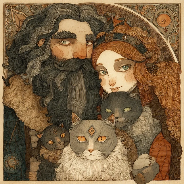 Couple with Cats in Elegant Art Style