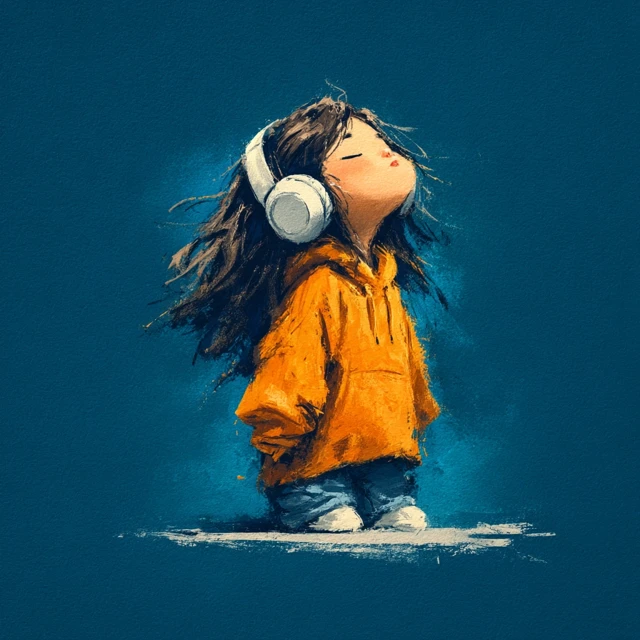 Cute Cartoon Girl with Headphones Listening to Music