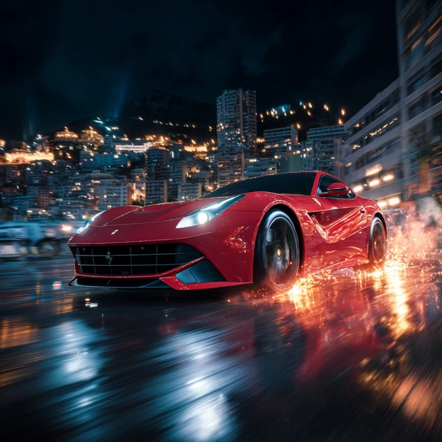Ferrari Speeding Through Monte Carlo at Night