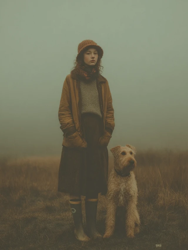 Autumn Woman and Irish Terrier in Fog