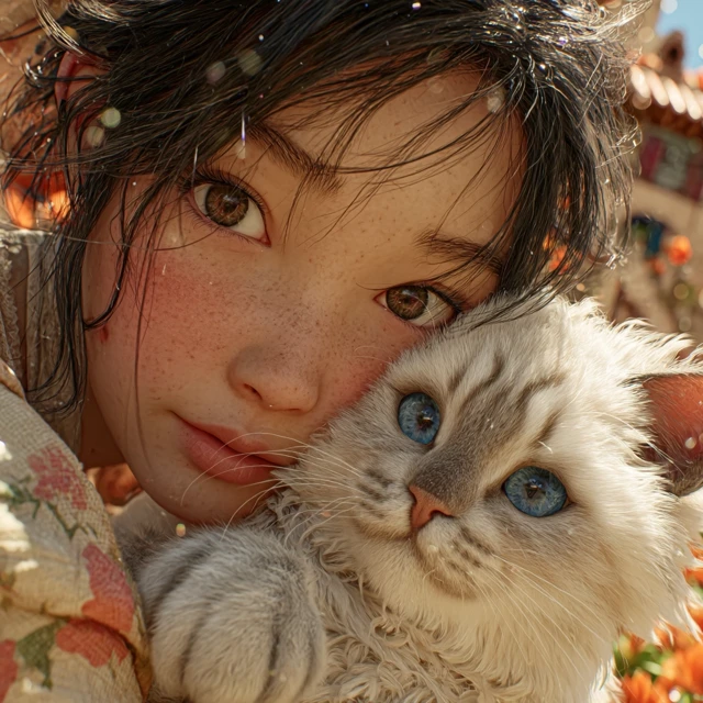 Anime Girl and Cat: Emotional Portrait in Shinkai Style