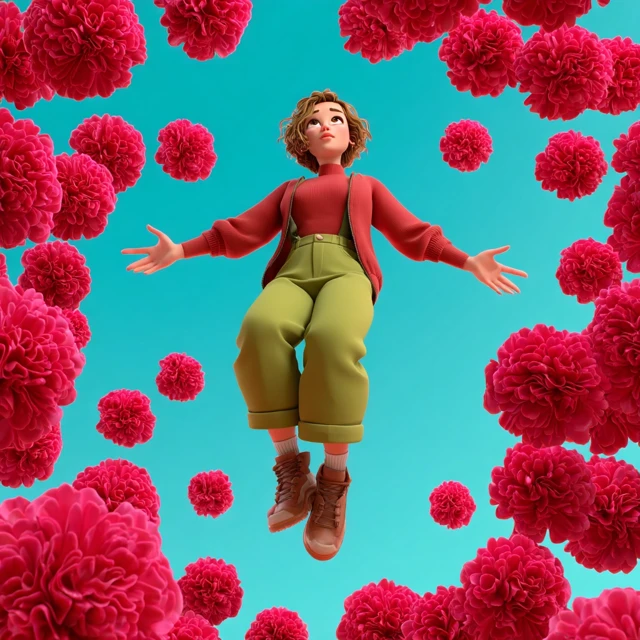 Young Woman in Carnation Field Pixar Style