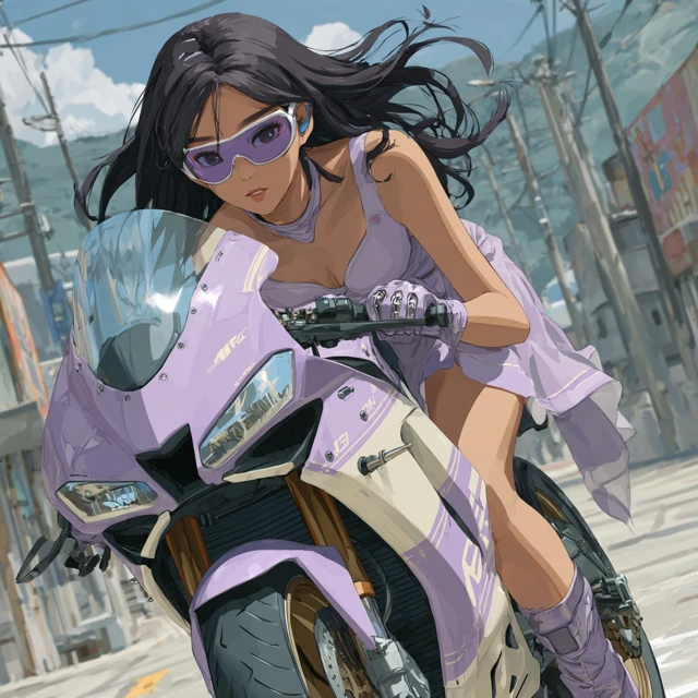 Anime Woman on Motorbike Racing in Futuristic City