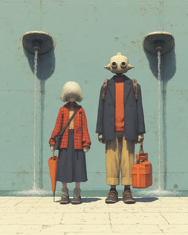 Elderly Couple in Checkered Clothes by Fountain