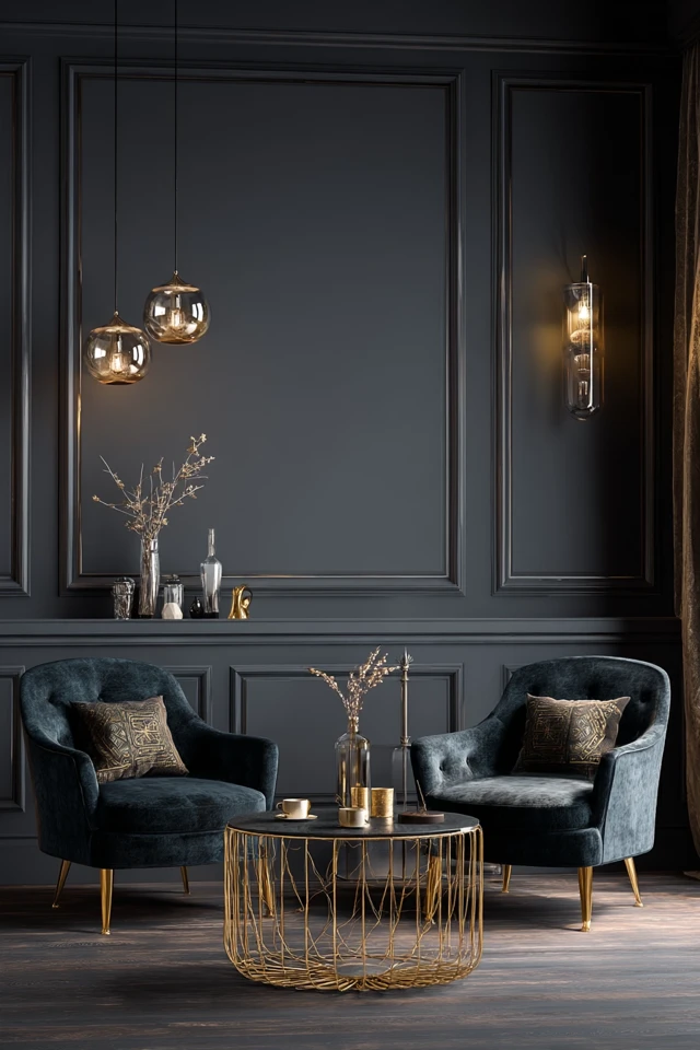 Dark Interior Design with Gold Accents Armchairs
