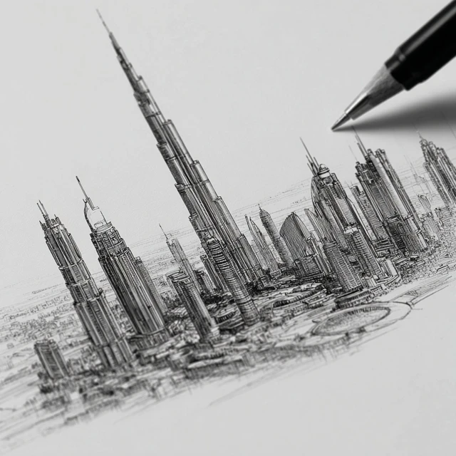 Dubai Skyline Pencil Sketch Architectural Rendering