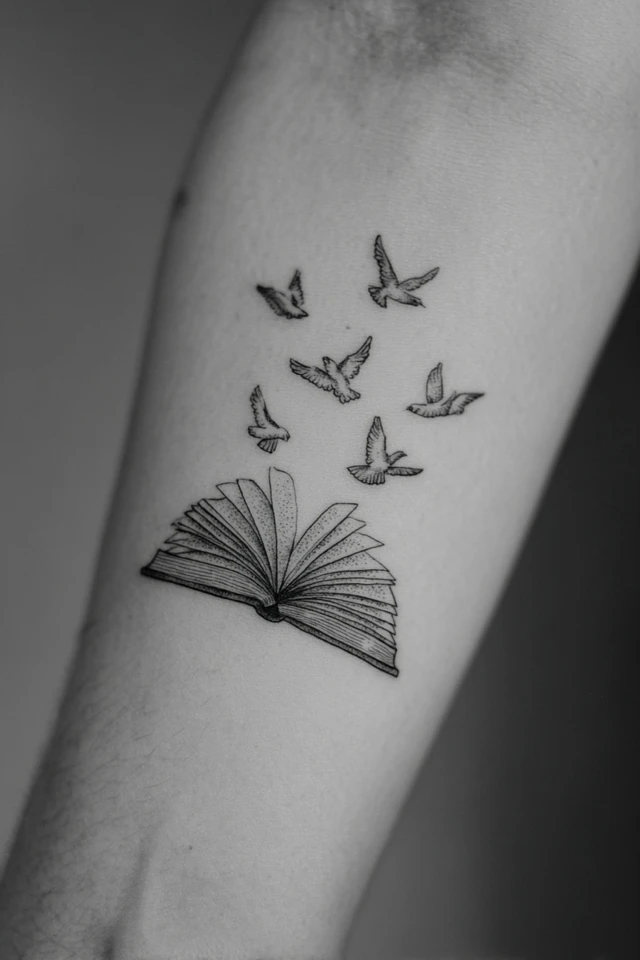 Book and Birds Tattoo Symbolizing Freedom and Knowledge