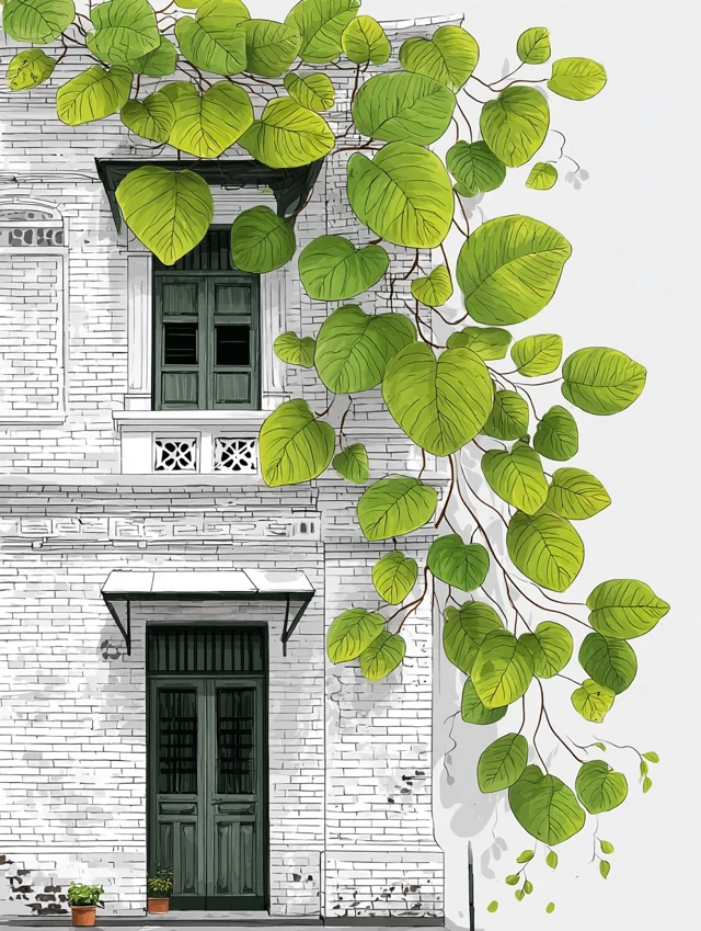 Hand Drawn Cityscape Illustration with Lush Vines