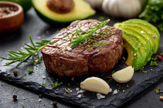 Grilled Beef Steak with Avocado and Garlic