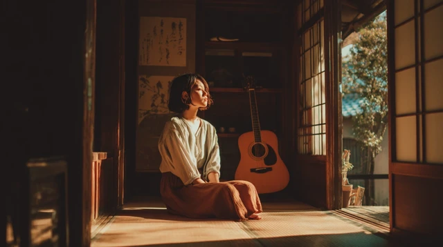 Woman in Japanese Room Sunlight Acoustic Guitar