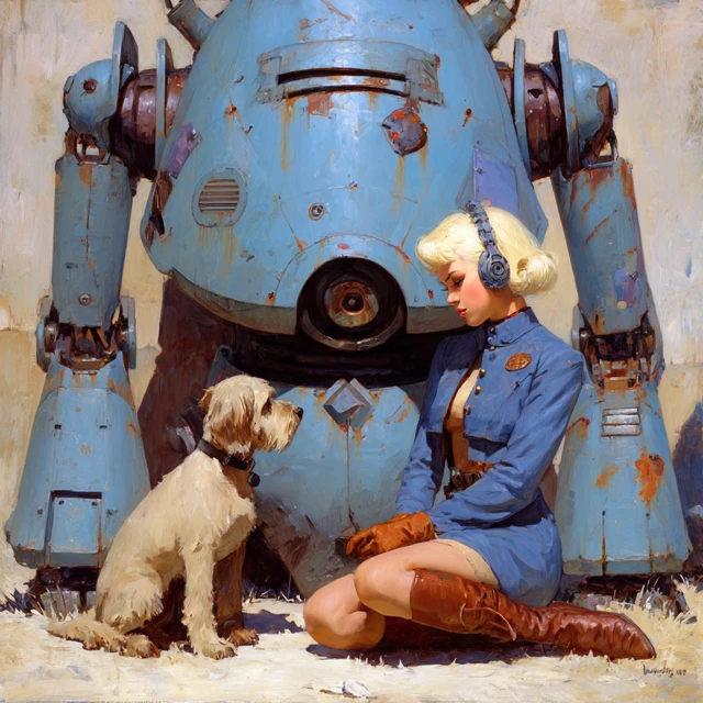 Vintage Pulp Art Woman Robot Dog