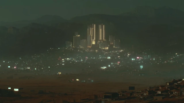 Cyberpunk Noir Film Still Wheat Field Brutalist