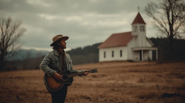 Country Singer with Guitar and Church in Background