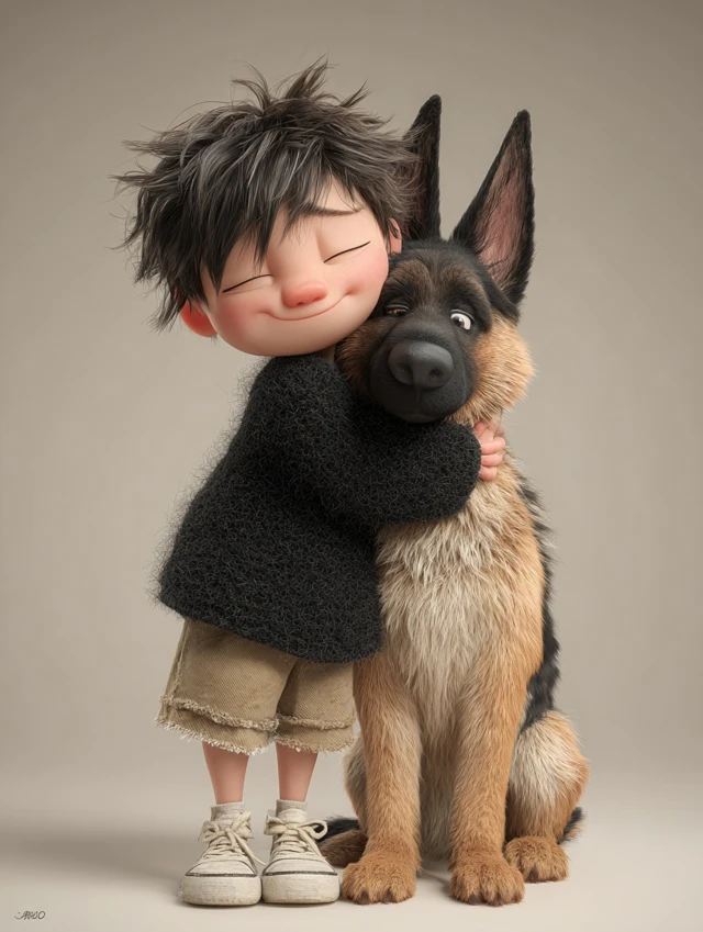 Boy and German Shepherd Friendship 3D Cartoon
