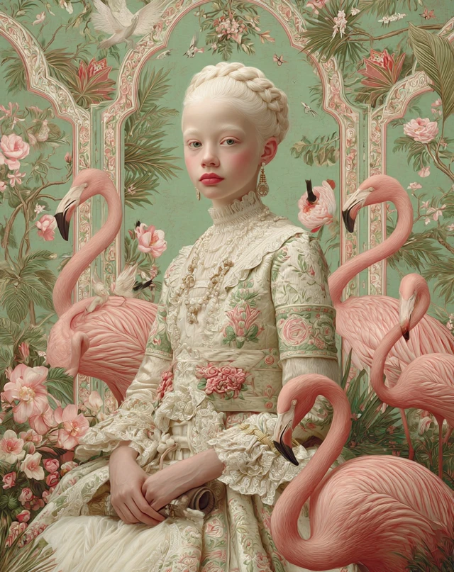 Rococo Portrait Albino Girl Flamingos Pastel Tones