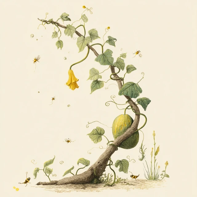 Vine Illustration with Gourd and Flies