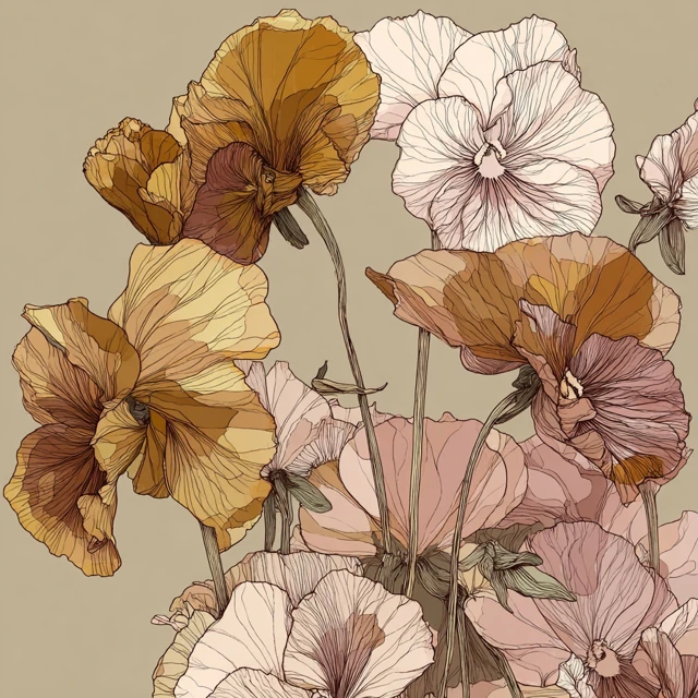 Pansy Flower Illustration in Cream and Tan