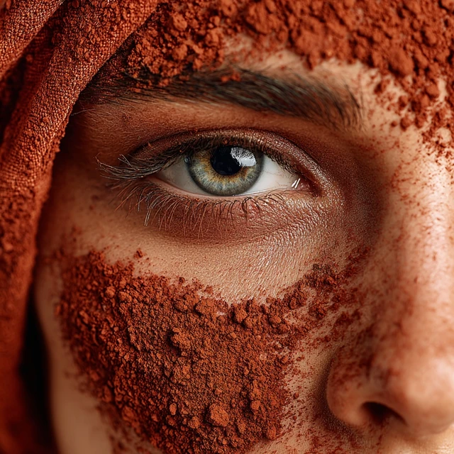 Woman with Red Clay Face Treatment Closeup