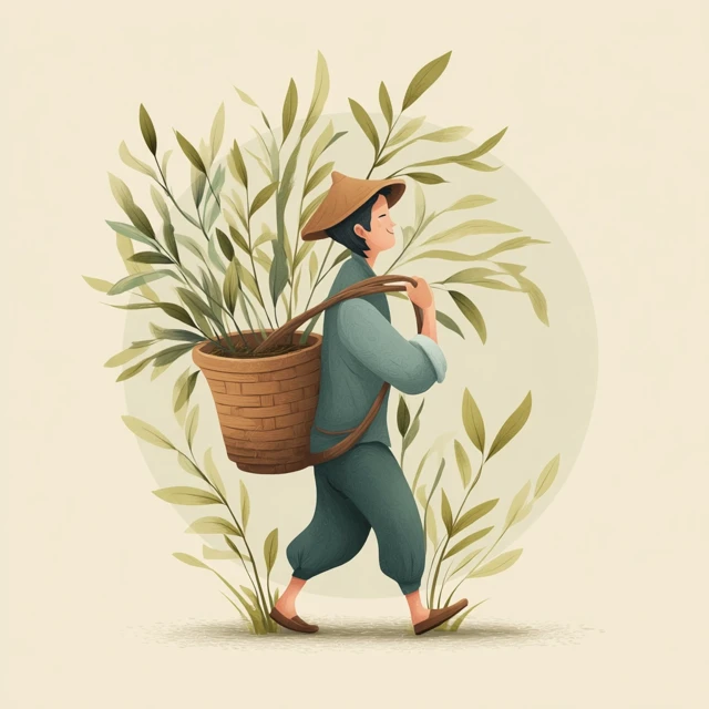 Asian Farmer With Bamboo Basket Illustration