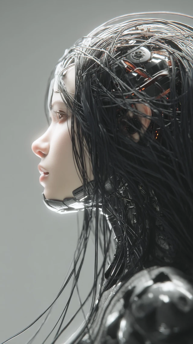 Cyberpunk Robotic Girl Long Hair 3D Rendering