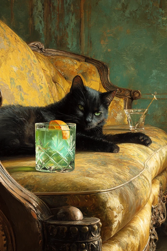 Black Cat Cocktail Painting: Aesthetic Art