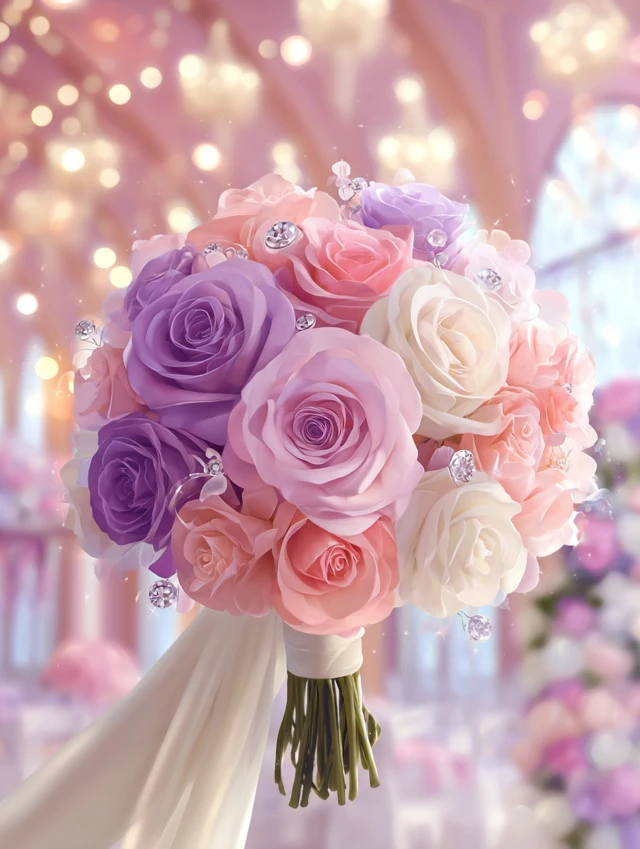 Elegant Wedding Bouquet Pink and Purple Roses Diamonds