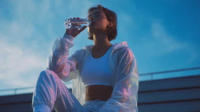 Girl in Sportswear Drinks Water on Runway