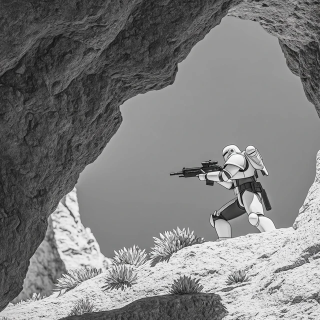 Space Marine in Cave - Black and White