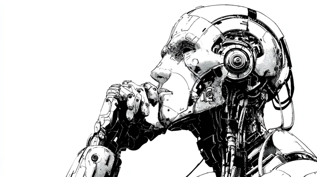 Retro Comic Robot Thinker Art Black and White