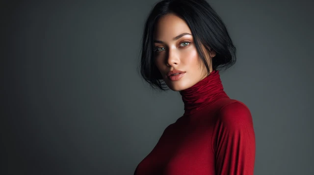 Beautiful Woman in Red Turtleneck Dress Studio Portrait