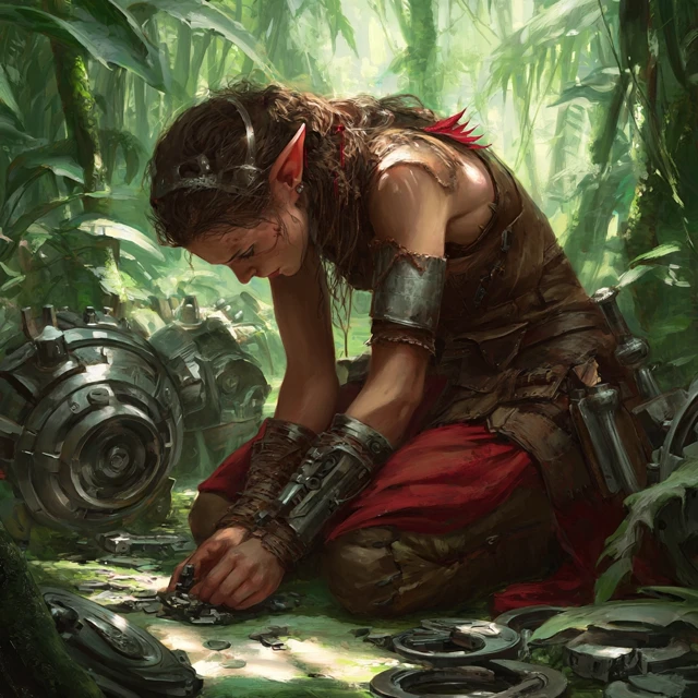 Fantasy Elf Artificer in Jungle Searching Artifacts