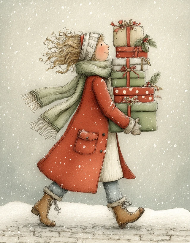 Christmas Illustration Woman Carrying Gifts