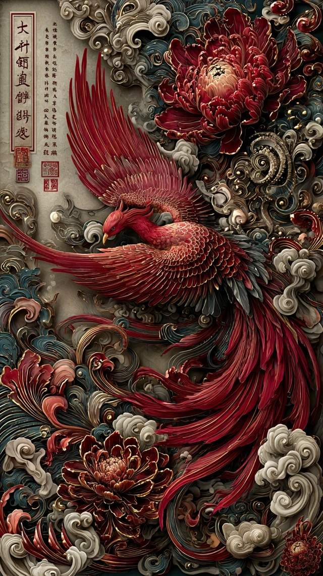Zhu Que Chinese Vermilion Bird Watercolor Painting