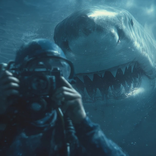 Scuba Diver Meets Shark Underwater Scary Photo