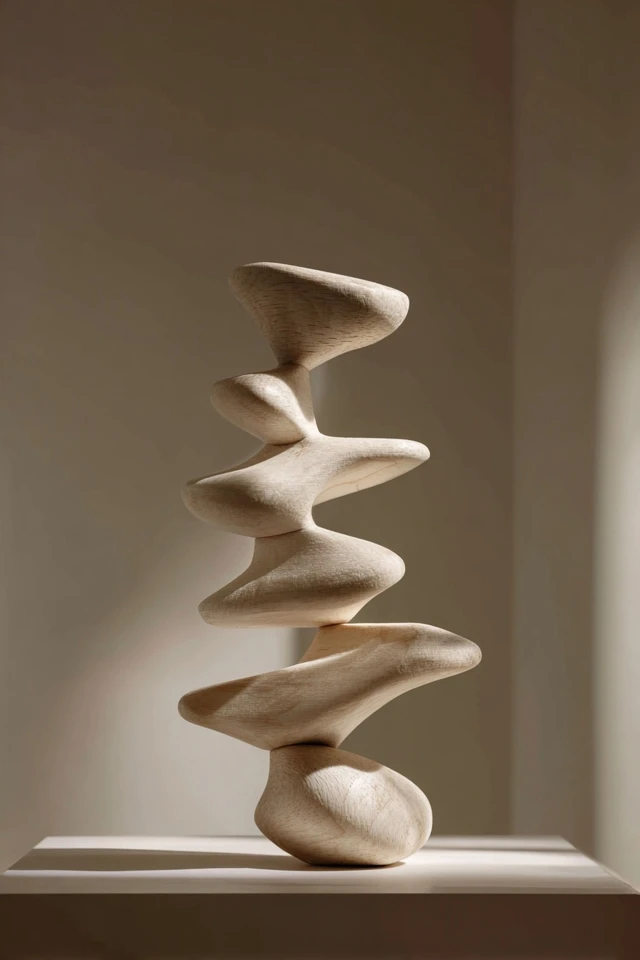 Wooden Sculpture Floating in Balance Minimalism