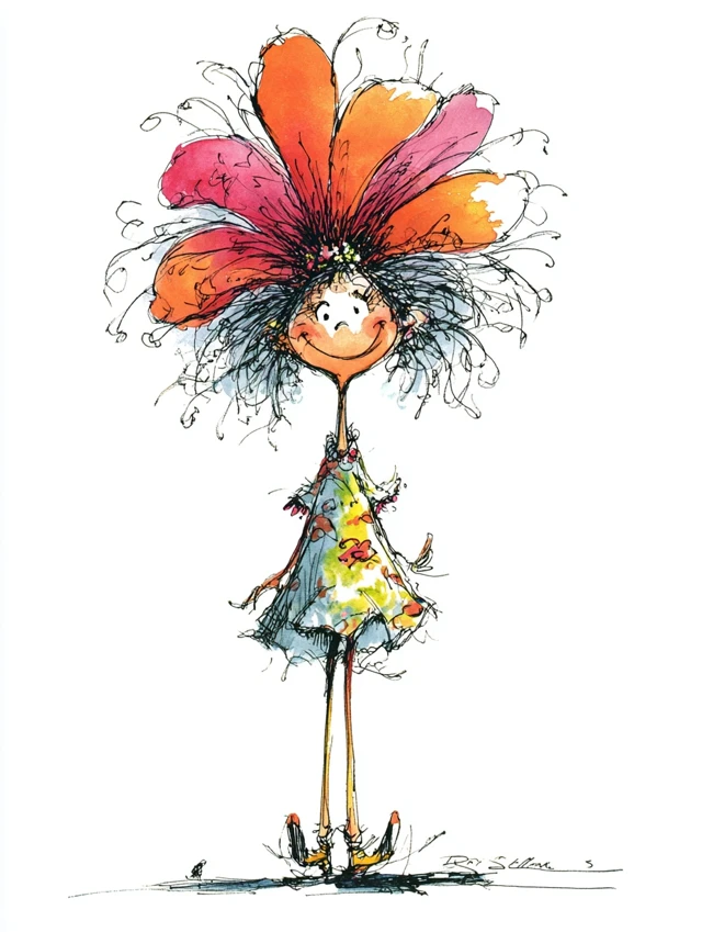Happy Cartoon Girl with Flower by Ronald Searle
