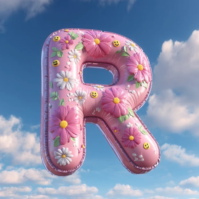 3D R Letter with Flowers and Clouds Cute Icon