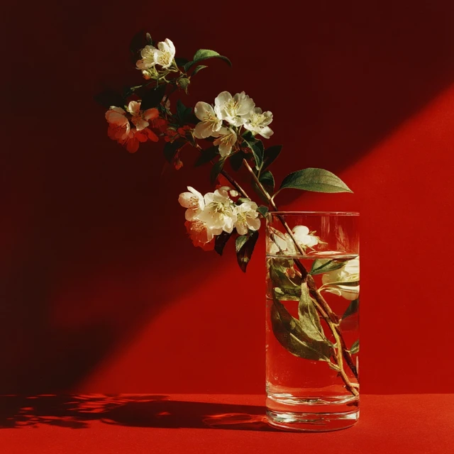 Still Life White Flowers in Glass Tumbler Red Background