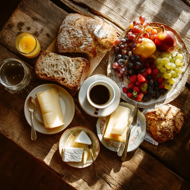 Rustic Breakfast Scene Bread Cheese Fruits Coffee