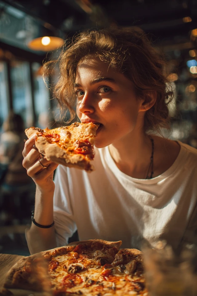 Woman Enjoying a Slice of Pizza